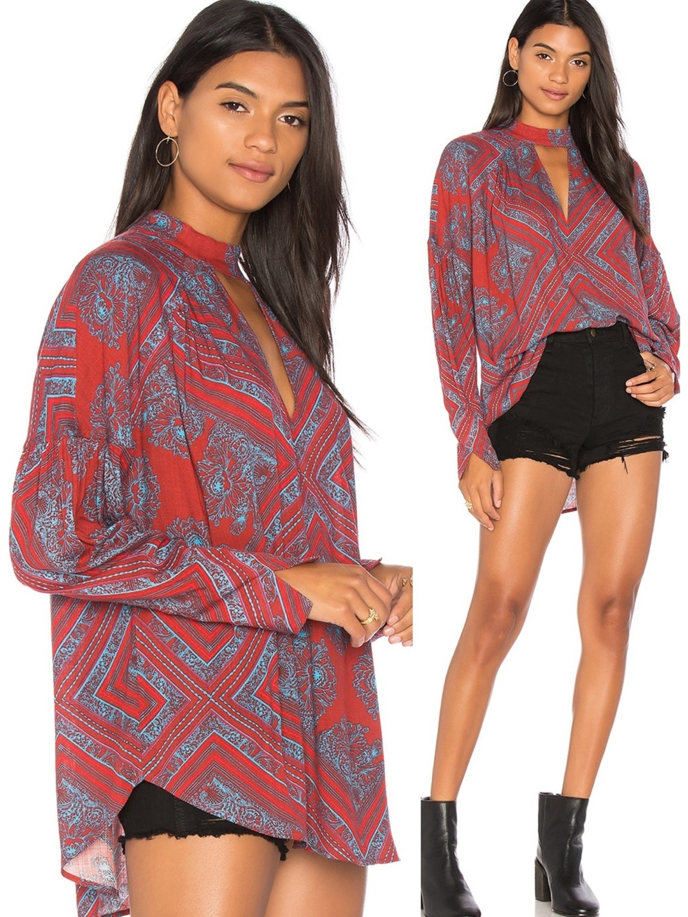 Free People Walking On A Dream Tunic in Red Combo Size S EUC Boho Chic